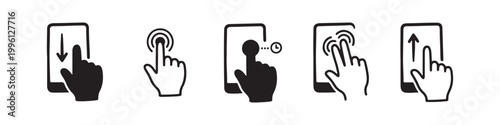 Vector icons of touch screen gestures including scrolling, tapping, clicking, and swiping in clean line and solid silhouette styles. Ideal for UI/UX mobile app guides.
