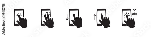 Vector icons of touch screen gestures including scrolling, tapping, clicking, and swiping in clean line and solid silhouette styles. Ideal for UI/UX mobile app guides.