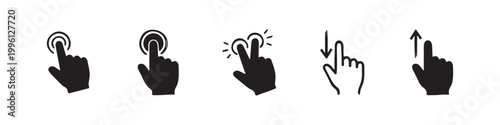 Vector icons of touch screen gestures including scrolling, tapping, clicking, and swiping in clean line and solid silhouette styles. Ideal for UI/UX mobile app guides.