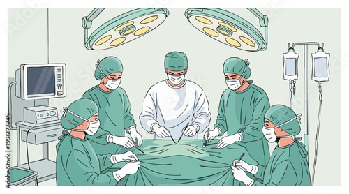 Medical Surgeons Performing Operation in Operating Room Flat Illustration