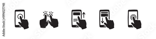 Vector icons of touch screen gestures including scrolling, tapping, clicking, and swiping in clean line and solid silhouette styles. Ideal for UI/UX mobile app guides.