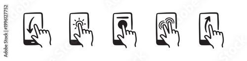 Vector icons of touch screen gestures including scrolling, tapping, clicking, and swiping in clean line and solid silhouette styles. Ideal for UI/UX mobile app guides.