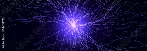 Neuron Firing Human Brain Neural Network Innovate Science Technology Background. Medical Neurology Bio Tech Scientific Research Banner Flash Glow Fractal. Blue AI Digital Net. Vector Illustration