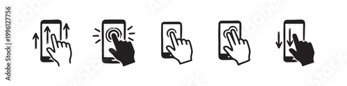 Vector icons of touch screen gestures including scrolling, tapping, clicking, and swiping in clean line and solid silhouette styles. Ideal for UI/UX mobile app guides.