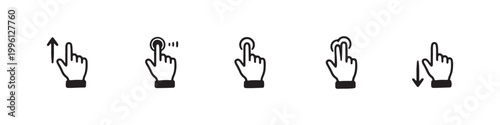 Vector icons of touch screen gestures including scrolling, tapping, clicking, and swiping in clean line and solid silhouette styles. Ideal for UI/UX mobile app guides.