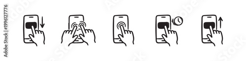 Vector icons of touch screen gestures including scrolling, tapping, clicking, and swiping in clean line and solid silhouette styles. Ideal for UI/UX mobile app guides.