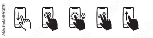 Vector icons of touch screen gestures including scrolling, tapping, clicking, and swiping in clean line and solid silhouette styles. Ideal for UI/UX mobile app guides.