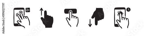 Vector icons of touch screen gestures including scrolling, tapping, clicking, and swiping in clean line and solid silhouette styles. Ideal for UI/UX mobile app guides.