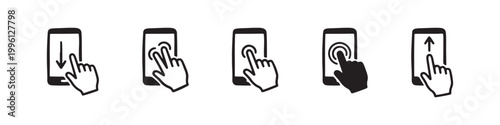 Vector icons of touch screen gestures including scrolling, tapping, clicking, and swiping in clean line and solid silhouette styles. Ideal for UI/UX mobile app guides.
