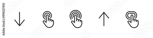 Vector icons of touch screen gestures including scrolling, tapping, clicking, and swiping in clean line and solid silhouette styles. Ideal for UI/UX mobile app guides.