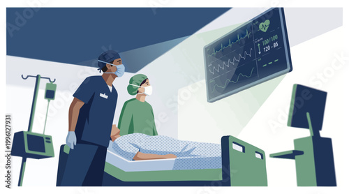 Doctors Monitoring Patient Vital Signs on Hospital Monitor Flat Illustration
