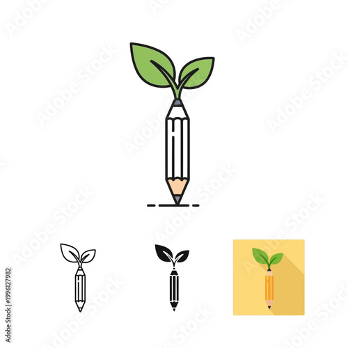 Four different colored icons of pencils with green leaves on top for ecofriendly creativity and growth concepts  business and education