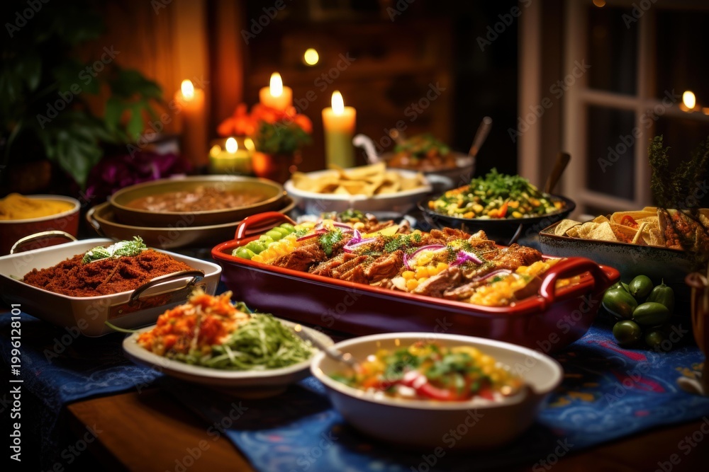 Fototapeta premium Traditional mexican dishes served on a table with candles, ready for a special occasion
