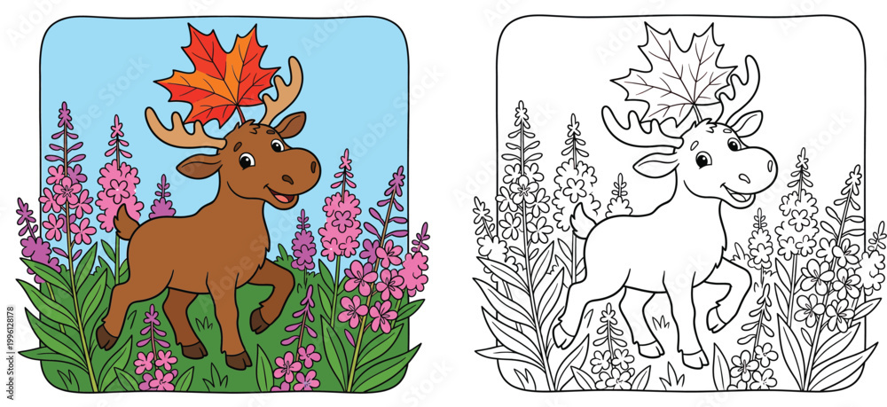 Obraz premium Cute Cartoon Moose with Maple Leaf in Wildflowers Canadian Nature Coloring Page
