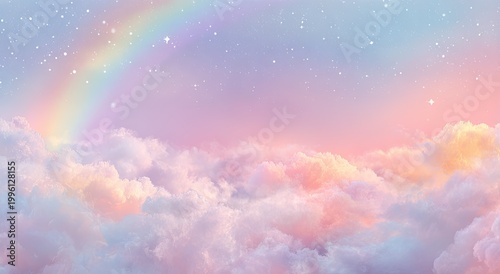 A dreamy pastel landscape features fluffy clouds, a vibrant rainbow, and a starry sky, evoking a sense of wonder and tranquility.
