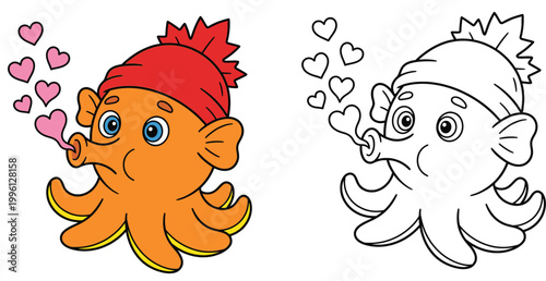 Adorable Cartoon Octopus Blowing Hearts Coloring Page for Love & Valentine's Day