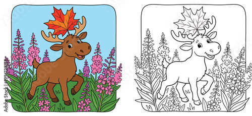 Cute Cartoon Moose with Maple Leaf in Wildflowers Canadian Nature Coloring Page