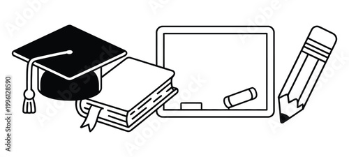 Graduation cap vector illustration with books and laptop for education