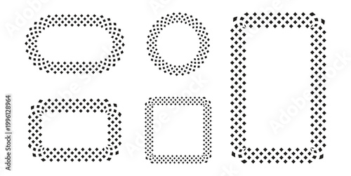 Circle checker frames. Round chess borders.Vignettes with race or chessboard pattern. Vector retro groovy illustratio.