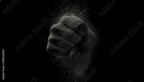 Powerful fist punching through dust particles in a dramatic low key studio lighting setup against a stark black background symbolizing force impact and explosive energy with fine