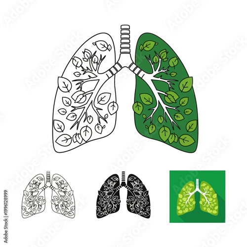Four different colored illustrations of lungs with leafy trees growing inside them representing healthy breathing and ecology  human anatomy and environmental conservation concept