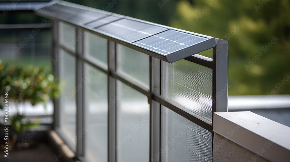 Fototapeta premium Modern architectural detail: Solar panels integrated into a building's balcony or terrace railing, showcasing renewable energy solutions and sustainable living