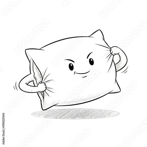 Funny cartoon pillow character stretching and flexing muscles, playful expression