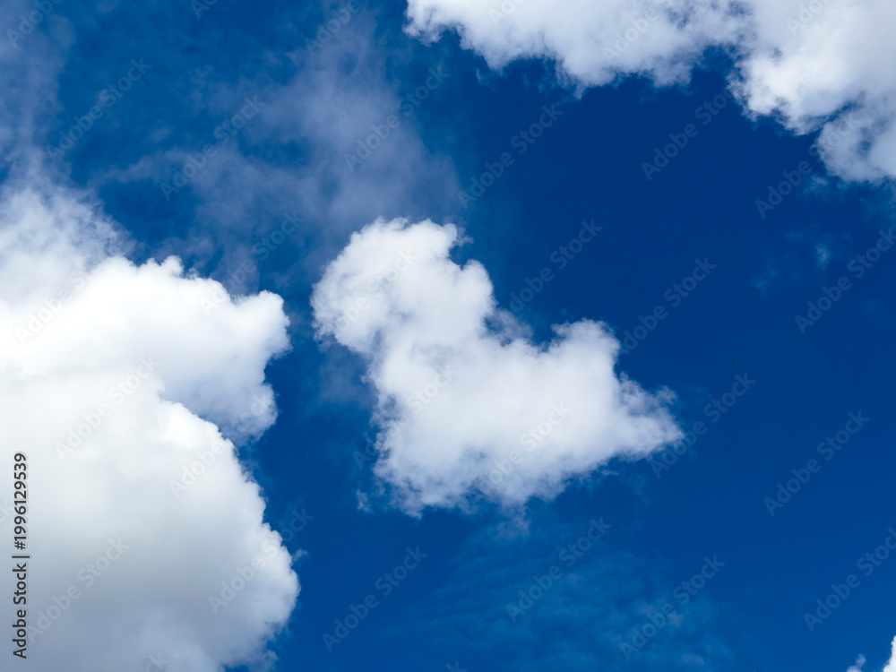 Fototapeta premium Blue sky with white clouds. Open cloudscape with bright weather background. Nature copy space for travel and design..