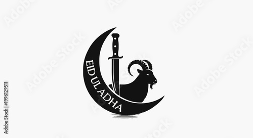 Striking monochrome emblem for the Islamic Feast of Sacrifice, featuring a majestic ram, crescent moon, and ceremonial dagger, embodying religious devotion and rich cultural tradition