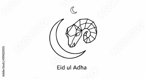 Eid al-Adha celebration symbol featuring a ram's head with a crescent moon and star, commemorating the Islamic festival of sacrifice and pilgrimage