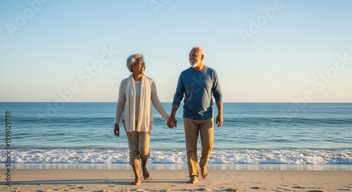 Happy senior couple walking hand-in-hand on a beach, embodying a successful retirement plan and enjoying life's golden years together