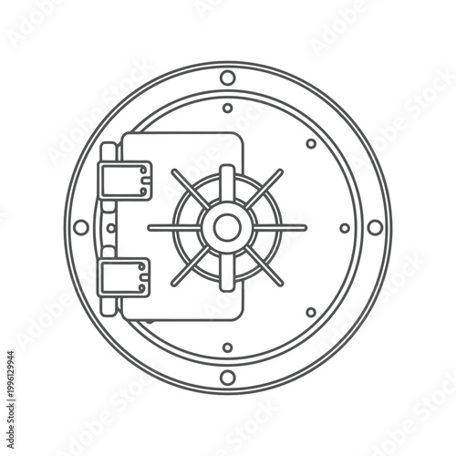 A circular bank vault door illustration with a metal wheel handle and heavy hinges in a simple line drawing style isolated on white background, Vector