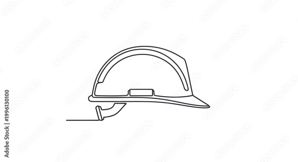 Fototapeta premium Hard hat outline drawing, a single continuous line illustration of a protective helmet, symbolizing safety and construction work, perfect for industry and occupational design