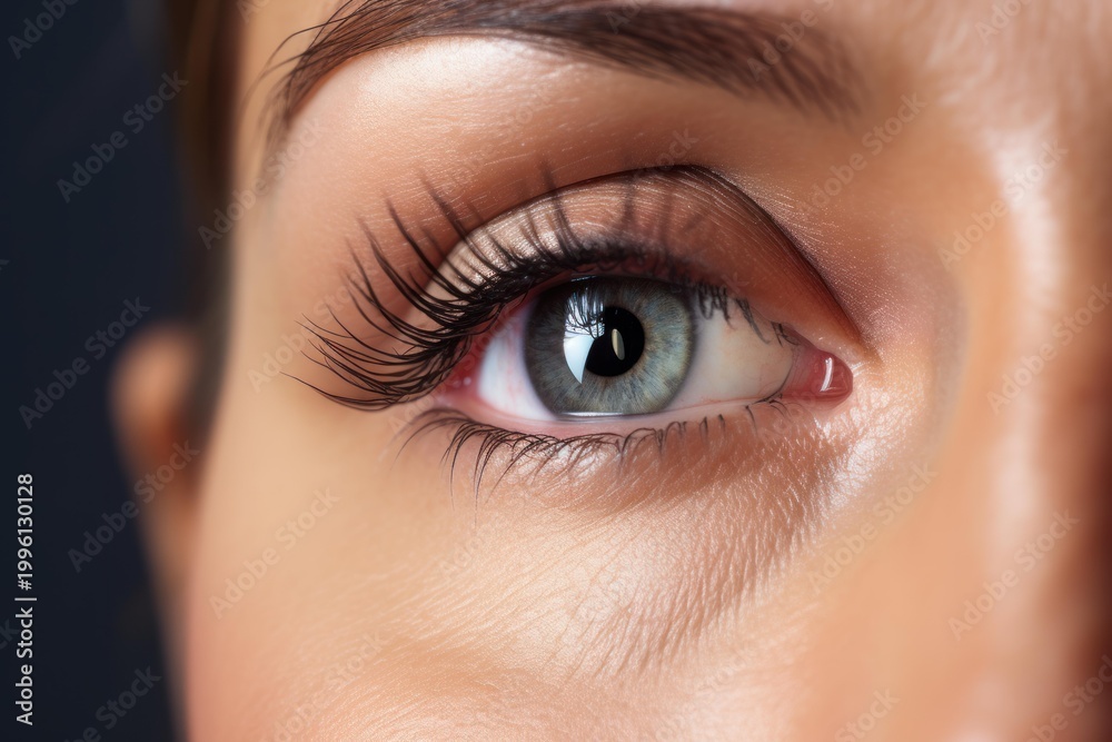 Fototapeta premium Woman's detailed grey eye showing the pupil and long fake eyelashes
