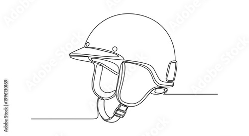 A simple, clean, and continuous line art illustration of a motorcycle helmet, perfect for graphic design and safety-related projects