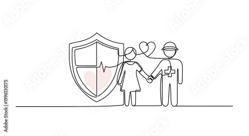 Continuous line art representing healthcare and protection, featuring a shield, a heart, and a person with a medical cross, symbolizing health insurance and care