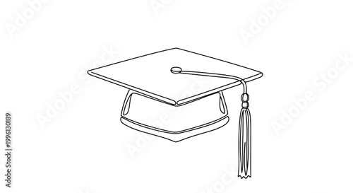 Simple and elegant continuous line art drawing of a graduation cap with a tassel, perfect for academic and educational themes, symbolizing achievement and knowledge