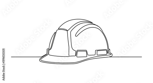 Simple line art illustration of a hard hat, a protective helmet worn on construction sites and industrial environments to safeguard the head from falling objects and impacts