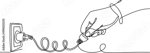 continuous line drawing of energy saving, hand pulling plug out of electrical socket. single line vector illustration. one line Icon drawing