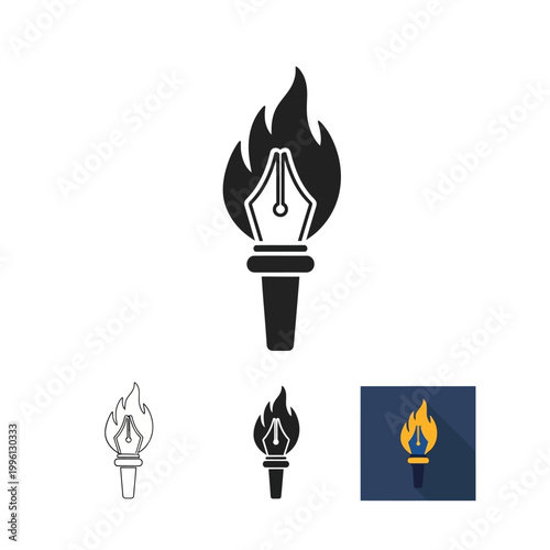 Four torch icons with flame and fountain pen nib on white background