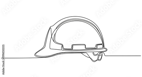 Continuous line art illustration of a hard hat, symbolizing safety, construction, and industrial work in a minimalist, modern design