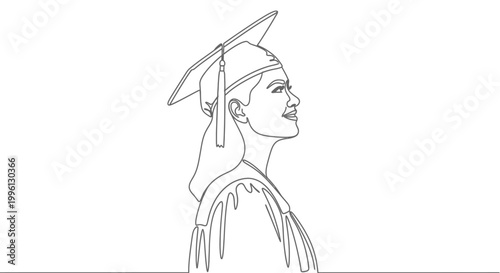 Minimalist single continuous line art illustration of a proud graduate in a cap and gown, celebrating academic achievement and a bright future ahead