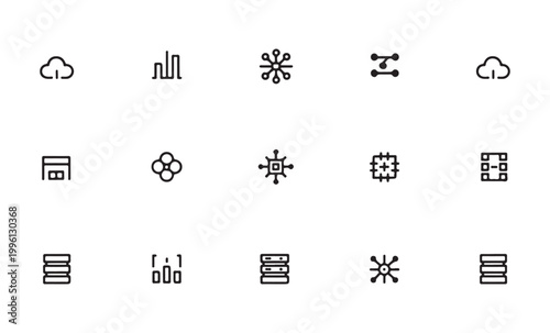 Set of fifteen thin line technology icons on transparent background.