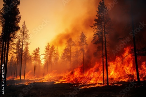 Wildfire burning a pine forest with flames, smoke, and an orange sky