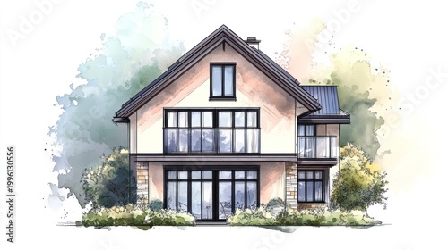 Architectural Watercolor Sketch: Elegant Two-Story House Design