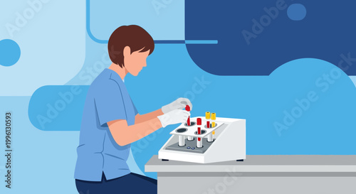 Medical professional in lab coat working with blood samples in a laboratory setting