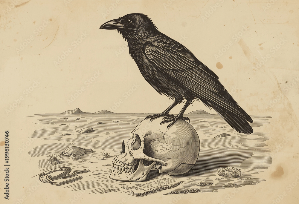 Fototapeta premium sketch style raven perch on human skull.