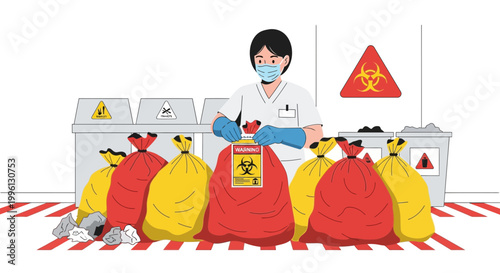 Medical worker in mask and gloves handling biohazard waste bags in a hospital