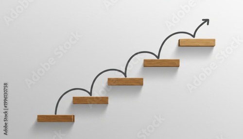 Conceptual illustration of upward progress and growth represented by wooden steps ascending against a clean neutral background with a black arrow graph showing a positive trend