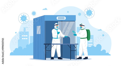 Medical workers in hazmat suits at COVID-19 testing booth with virus icons